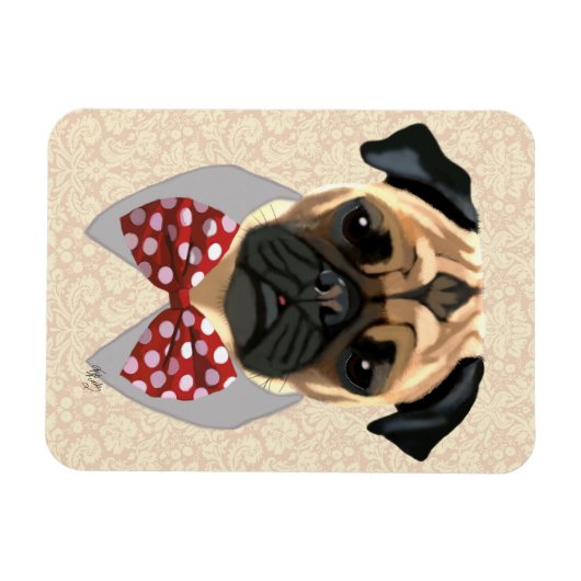 Mops mit der Krawatte "Rot und Weiß" Magnet (Horizontal)