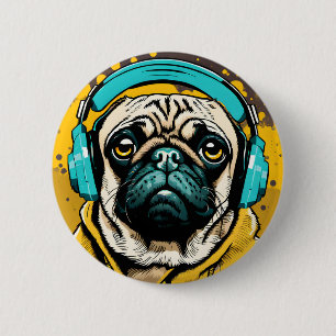 Mops mit Kopfhörer Button