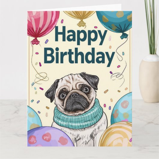 Mops mit Luftballons Karte (Vorderseite)