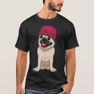 Mops mit Mütze Süßer cooler Hund Gestrickte Mütze T-Shirt