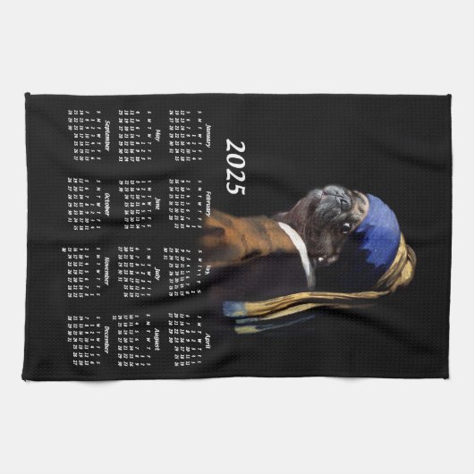 Mops mit Perlenvermerzbild 2025 Kalender Geschirrtuch (Horizontal)