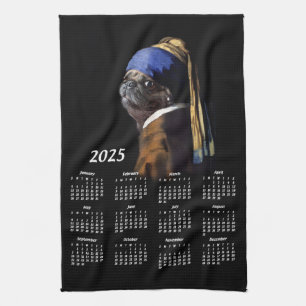 Mops mit Perlenvermerzbild 2025 Kalender Geschirrtuch