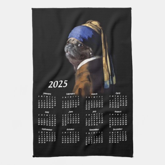 Mops mit Perlenvermerzbild 2025 Kalender Geschirrtuch (Vertikal)