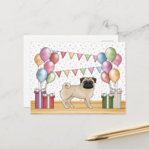 Mops mit Rehfarbe, bunte Pastell-Geburtstagsballon Postkarte