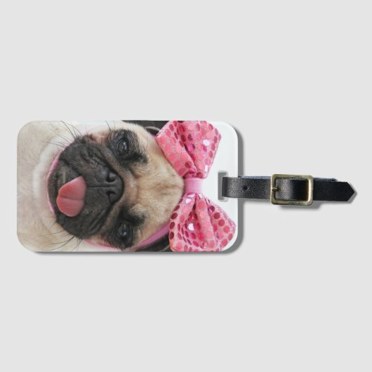 Mops mit rosa Bow Gepäckanhänger (Vorderseite (Horizontal))