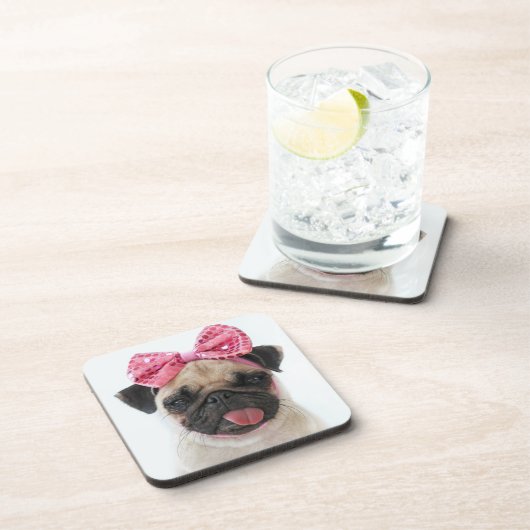 Mops mit rosa Bow Getränkeuntersetzer (Rechte Seite)