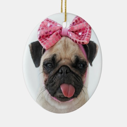 Mops mit rosa Bow Keramik Ornament (Rechts)