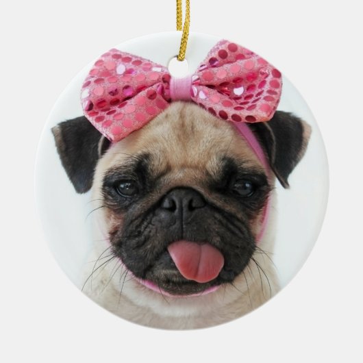 Mops mit rosa Bow Keramik Ornament (Vorne)