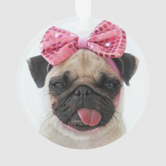 Mops mit rosa Bow Ornament (Rückseite)