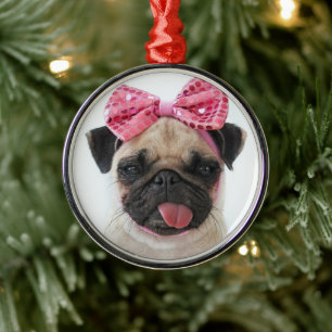 Mops mit rosa Bow Ornament Aus Metall