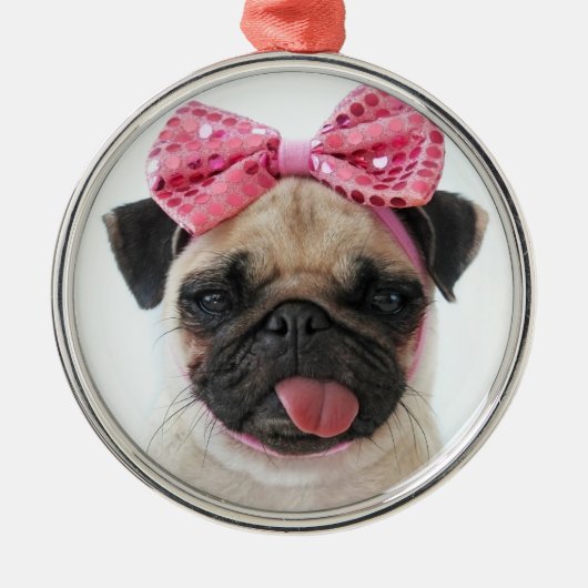 Mops mit rosa Bow Ornament Aus Metall (Vorne)