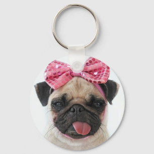Mops mit rosa Bow Schlüsselanhänger
