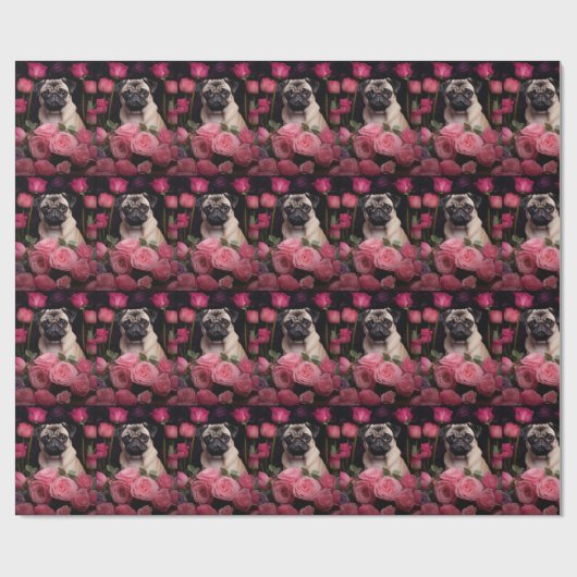 Mops mit rosa Rosen Blume Blumenmotive Geschenkpapier (Flach)