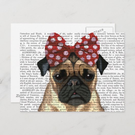 Mops mit rotem Spott auf Kopf Postkarte (Vorne/Hinten)