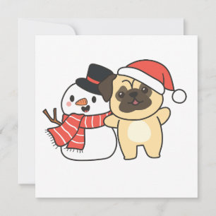 Mops mit Schneemann im Winter für den Weihnachtsfe Feiertagskarte