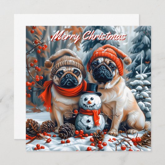 Mops mit Snowman Pack zu Weihnachten Mitteilungskarte (Vorne/Hinten)