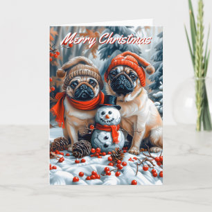 Mops mit Snowman Weihnachten Karte