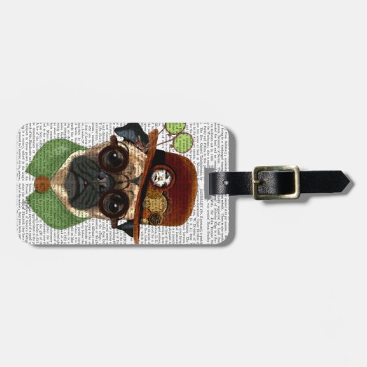 Mops mit Steampunk Bowler Hat Gepäckanhänger (Vorderseite horizontal)