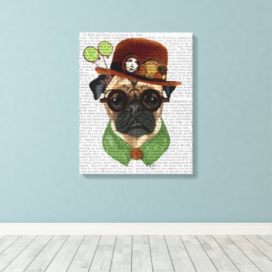 Mops mit Steampunk Bowler Hat Leinwanddruck (Insitu (Holzboden))