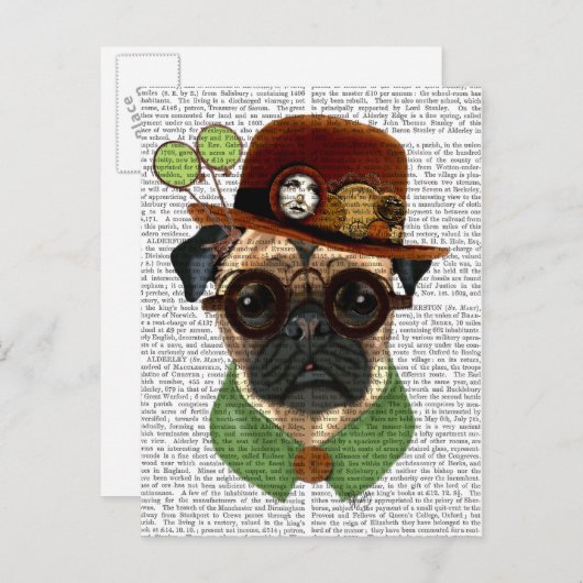 Mops mit Steampunk Bowler Hat Postkarte (Vorne/Hinten)