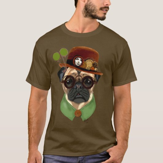 Mops mit Steampunk Bowler Hat T-Shirt (Vorderseite)