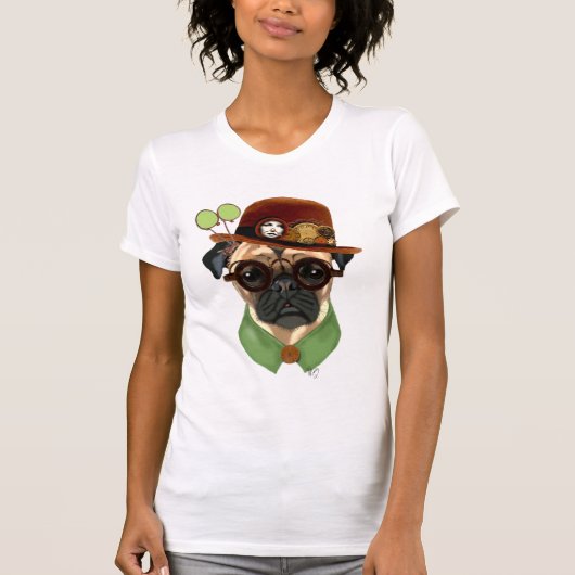 Mops mit Steampunk Bowler Hat T-Shirt (Vorderseite)