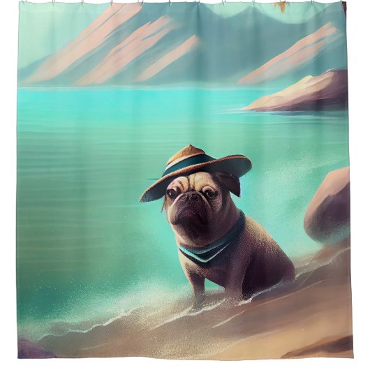 Mops mit Strandmalerei Duschvorhang (Vorderseite)