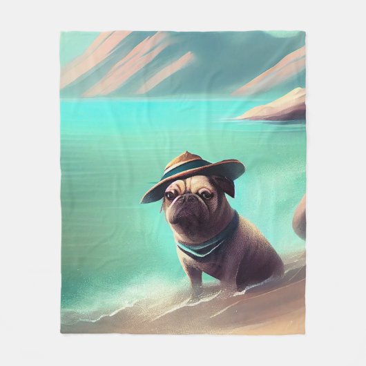 Mops mit Strandmalerei Fleecedecke (Vorderseite)