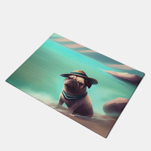 Mops mit Strandmalerei Fußmatte (Schrägansicht)