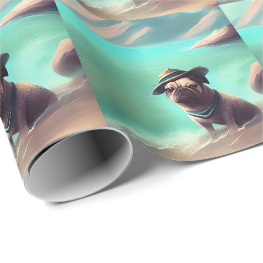 Mops mit Strandmalerei Geschenkpapier (Rolleneckpunkt)