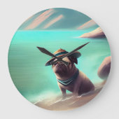 Mops mit Strandmalerei Große Wanduhr (Vorderseite)