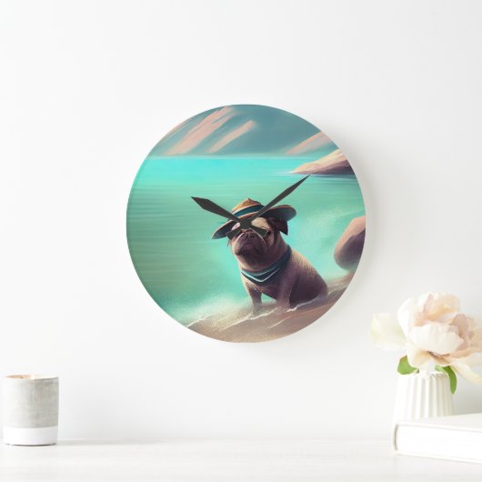 Mops mit Strandmalerei Große Wanduhr (Zuhause)