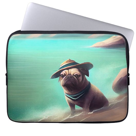 Mops mit Strandmalerei Laptopschutzhülle (Vorderseite)