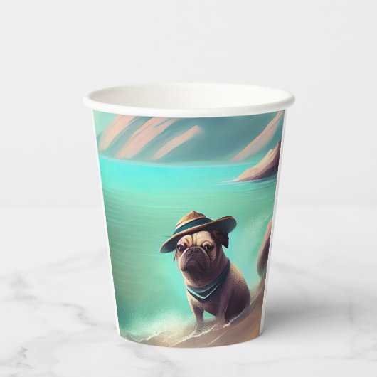 Mops mit Strandmalerei Pappbecher (Rückseite)