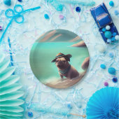 Mops mit Strandmalerei Pappteller (Party)