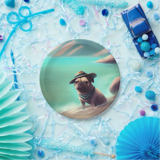 Mops mit Strandmalerei Pappteller (Party)