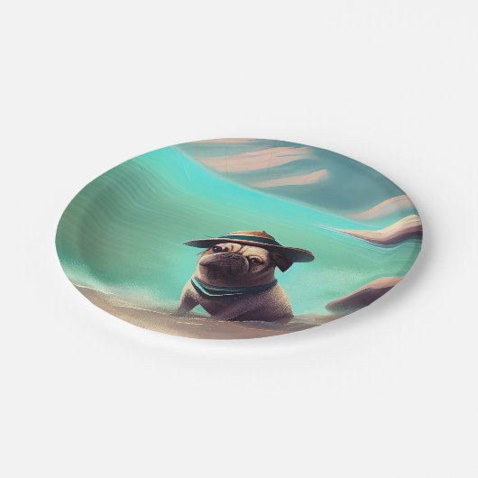 Mops mit Strandmalerei Pappteller (Schrägansicht)