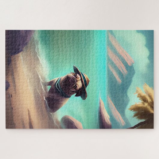 Mops mit Strandmalerei Puzzle (Horizontal)