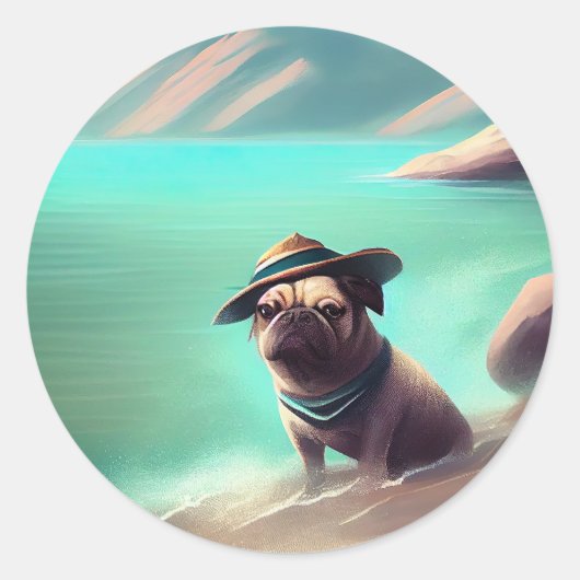 Mops mit Strandmalerei Runder Aufkleber (Vorderseite)