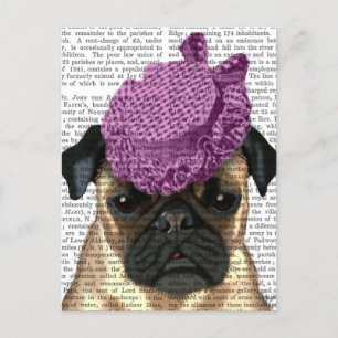 Mops mit vintage-lila Hut Postkarte