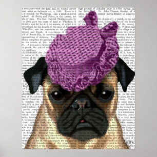Mops mit Vintagem Lila Hut Poster