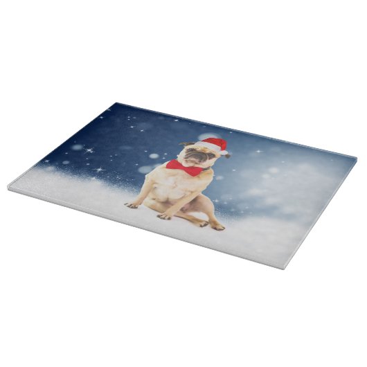 Mops mit Weihnachts-Weihnachtsmannmütze Schneidebrett (Ecke)