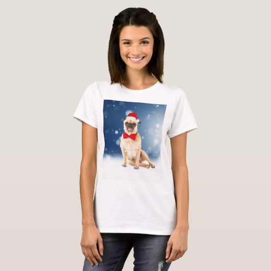 Mops mit Weihnachts-Weihnachtsmannmütze T-Shirt (Vorne ganz)