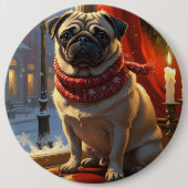 Mops mit Weihnachtsbeleuchtung Urlaub Button (Vorderseite)
