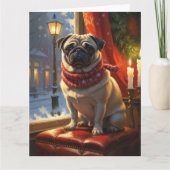 Mops mit Weihnachtsbeleuchtung Urlaub Karte (Vorderseite)