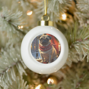 Mops mit Weihnachtsbeleuchtung Urlaub Keramik Kugel-Ornament