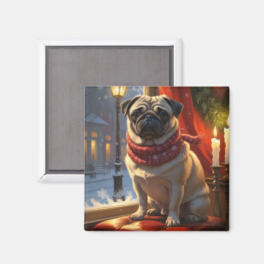 Mops mit Weihnachtsbeleuchtung Urlaub Magnet (Vorderseite/Rückseite)
