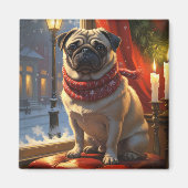 Mops mit Weihnachtsbeleuchtung Urlaub Magnet (Vorne)