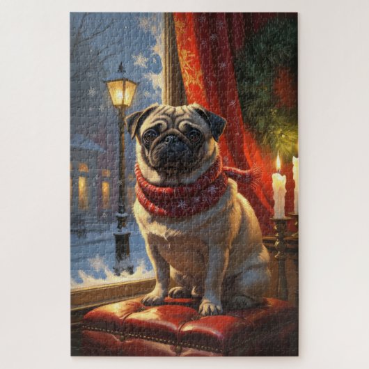 Mops mit Weihnachtsbeleuchtung Urlaub Puzzle (Vertikal)