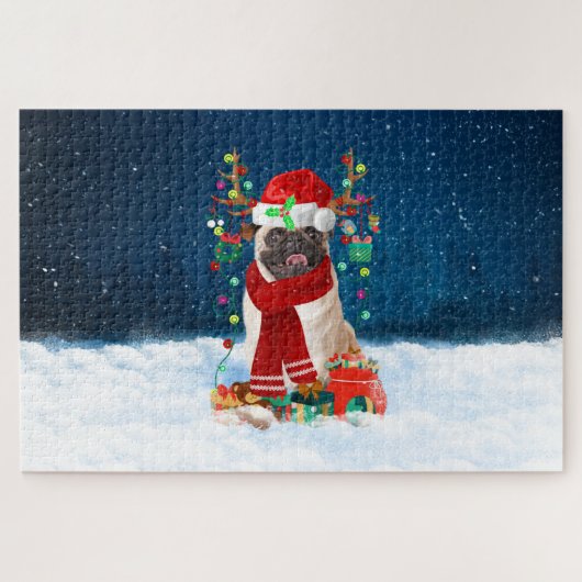 Mops mit Weihnachtsgeschenken Puzzle (Horizontal)